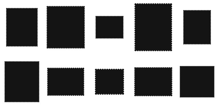 Minimal blank postage stamp border set design template. Solid black perforated edges in square and rectangular formats. Scalable vector graphic for album layouts, mail art, stickers and posters.