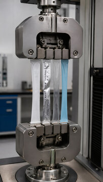 Tensile testing machine stretching plastic film specimens between steel grips inside a materials laboratory for polymer strength and quality control analysis