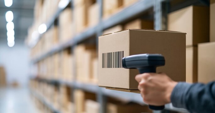 Warehouse worker scanning barcode on box
