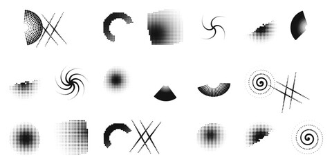 Minimal gradient dot halftone element set design template. Circles, arcs, spirals and squares built from graded dots. Scalable vector graphic for overlays, apparel, stickers and print. © Queality Full
