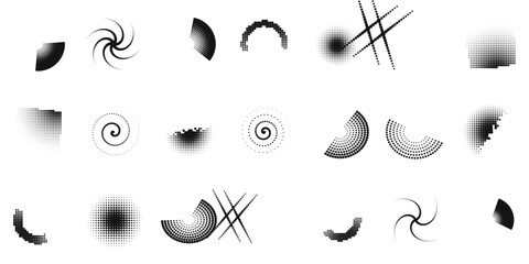 Minimal gradient dot halftone element set design template. Circles, arcs, spirals and squares built from graded dots. Scalable vector graphic for posters, comics, packaging and web design. © Queality Full