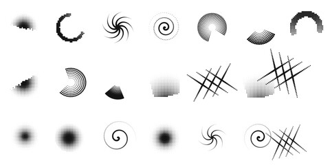 Minimal gradient dot halftone element set design template. Circles, arcs, spirals and squares built from graded dots. Scalable vector graphic for grunge design, flyers, badges and branding. © Queality Full