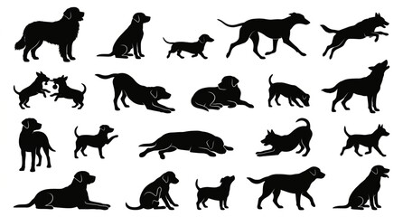 Fototapeta premium Dog silhouettes vector set with different poses pet animal icons