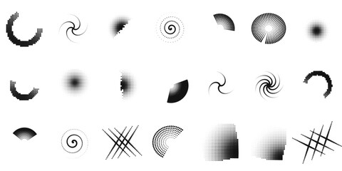 Minimal gradient dot halftone element set design template. Circles, arcs, spirals and squares built from graded dots. Scalable vector graphic for retro layouts, covers, banners and social posts. © Queality Full