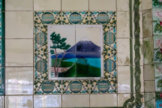Close-up of an antique Mount Fuji landscape tile panel decorating Tara Masjid, Dhaka Division, Dhaka, Bangladesh