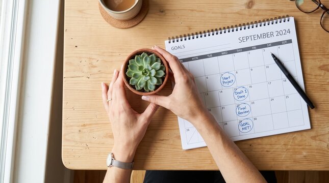 Hands holding small succulent plant pot over wooden desk with September 2024 calendar, goal setting, start project draft done final review goal met milestones