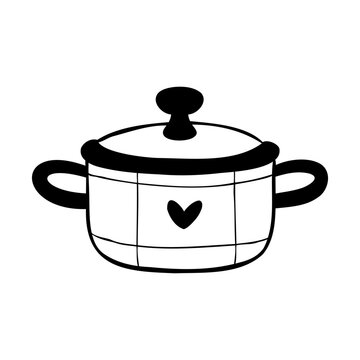 Hand-drawn vector clip art of a pot with lid isolated on a white background. Line illustration for cooking blogs, stickers, or culinary print designs. Outline drawing of a casserole. 