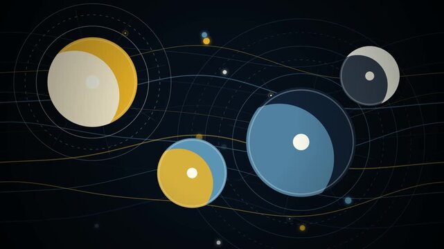 Abstract circular shapes and lines background with yellow and blue circles connected by thin curves in a dark space themed graphic design illustration 4k Motion Video