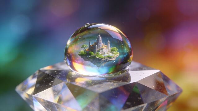 A tiny floating utopian city glows inside a dewdrop resting on a geometric crystal structure with iridescent macro detail