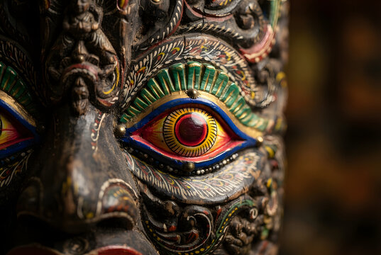 &bull;	Close-up of the eye detail of a traditional Sri Lankan Ves Mask