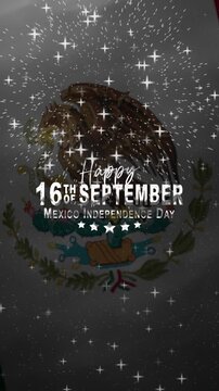 Sparkling mexico independence day emblem with eagle symbol and festive text suitable for banners, social media graphics, and holiday celebrations.