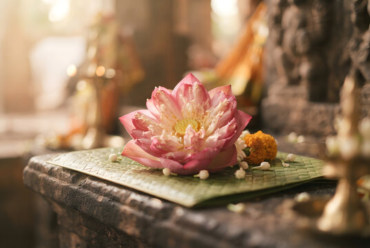 Fresh lotus flower placed as an offering in a temple