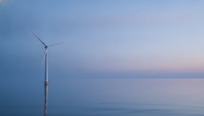 Obraz premium Offshore Wind Turbine Generating Sustainable Energy at Sunrise