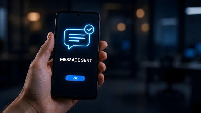Hand holding smartphone displaying glowing message sent notification in a dark modern office.