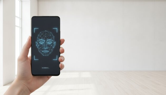 Smartphone performing biometric facial recognition scan in office