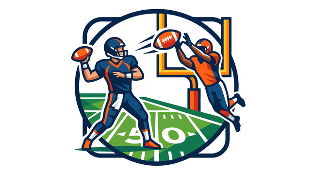 American Football quarterback throwing ball to receiver in stadium game illustration