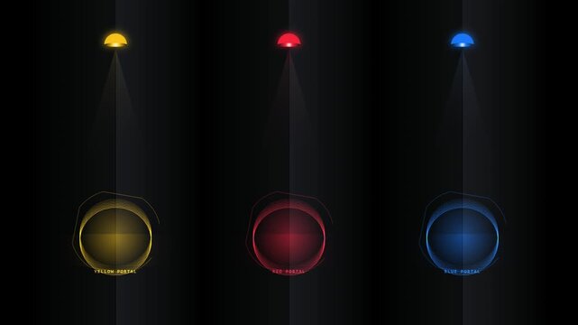 Three colorful round glowing buttons with spotlights shining from above on a dark black background for web design and digital interface elements 4k Motion Video