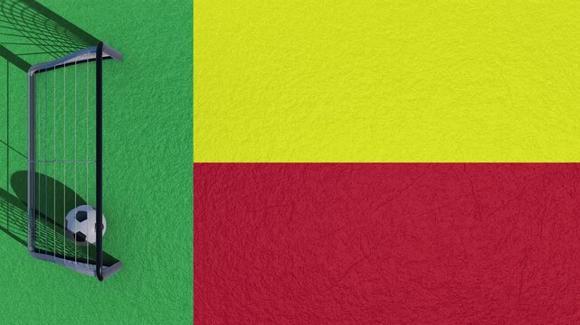 Benin national flag with soccer ball and goal, football match concept for sports news, textured flag background with athletic equipment