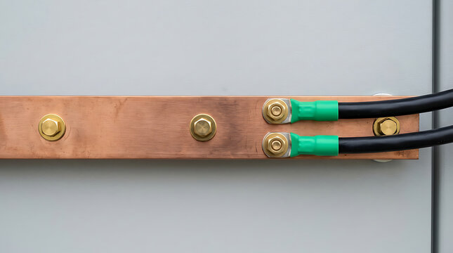 Copper Busbar Secured With Bolts Attached To Electrical Power Distribution Cabinet Panel