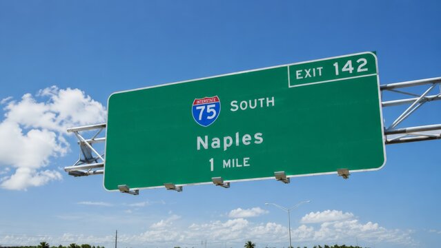 Large green overhead highway sign on a metal truss showing Interstate 75 South to Naples with Exit 142 against a bright blue sky with white clouds and palm trees below
