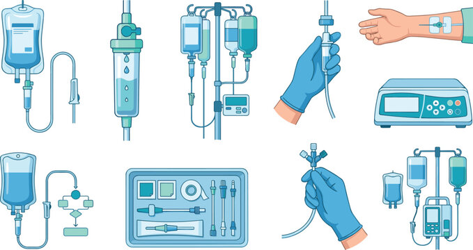 Intravenous IV Drip Therapy and Medical Hospital Equipment Vector Icon Set