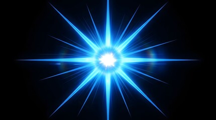 Fototapeta premium Bright blue starburst light effect with glowing rays on a deep black background