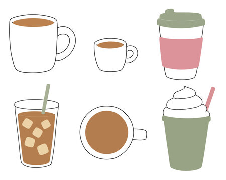 Collection of six simple coffee drinks hand drawn vector set