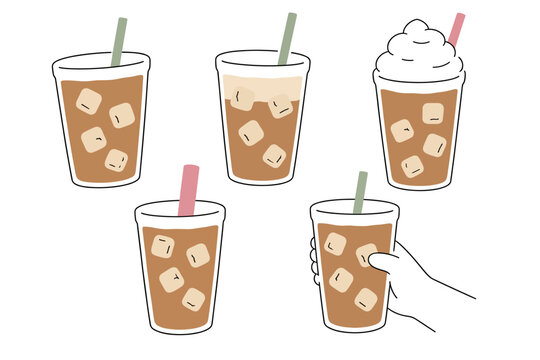 Iced coffee drinks collection with straws and hand drawn vector illustration