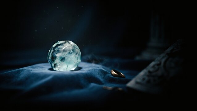 Glowing crystal sphere on blue velvet fabric in dark room