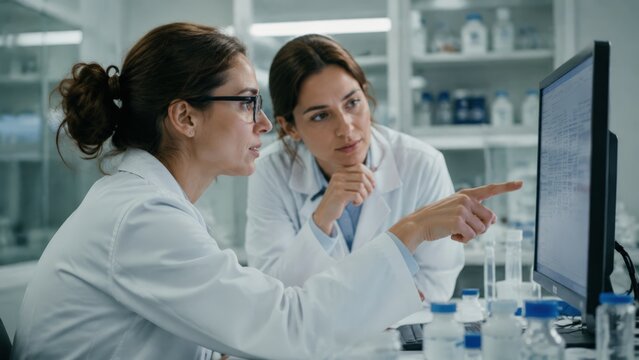 Two female scientists in white lab coats review research findings and discuss data displayed on a computer monitor in a bright laboratory setting