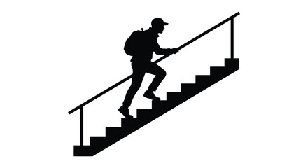 Fototapeta premium Man with backpack ascending stairs black silhouette