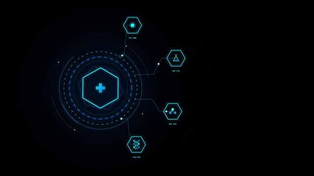 Medical hud interface with glowing blue icons and scientific data on black background.
