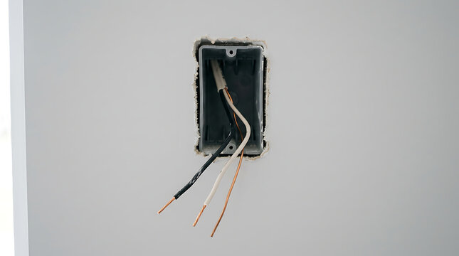 Electrical wires extending from a plastic junction box installed in a white wall