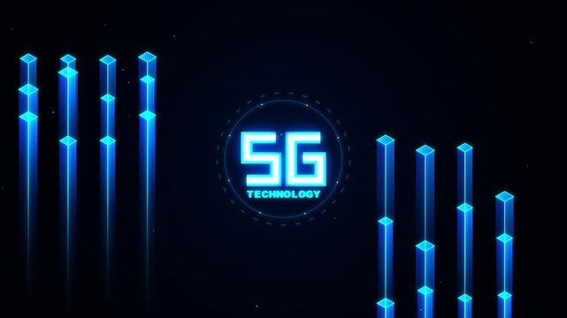 Neon 5g technology logo with glowing blue data bars moving on a dark digital background.