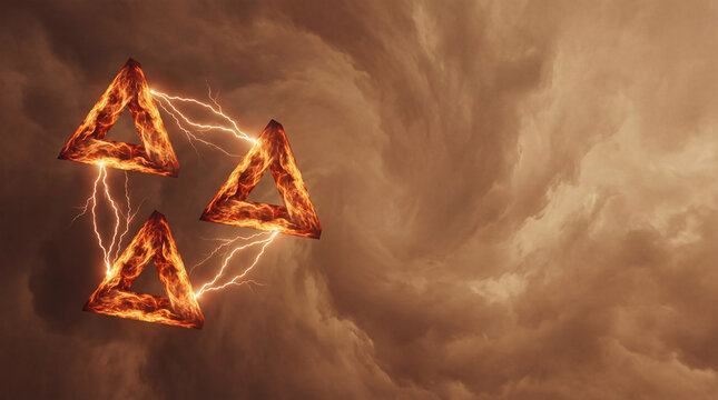 Abstract Glowing Fire Triangles Connected by Lightning Background