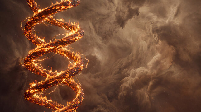 Flaming Double Helix Spiral Connected by Lightning Abstract Background