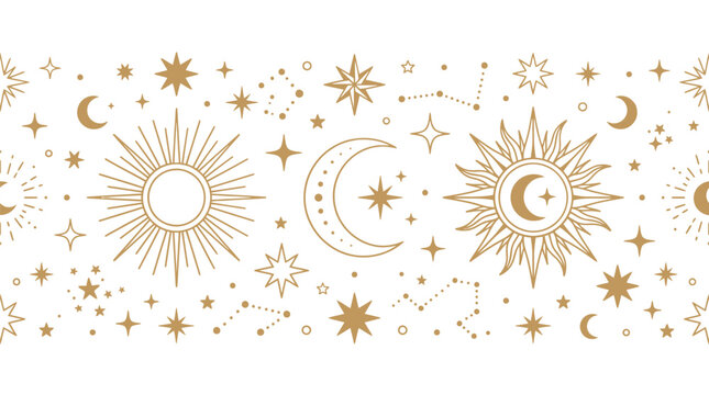 Golden celestial vector illustration featuring sun, moon, and shining stars for mystical and magical graphic design