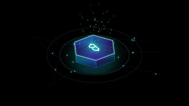 Bitcoin logo rotating on glowing hexagonal platform with binary data in dark space.