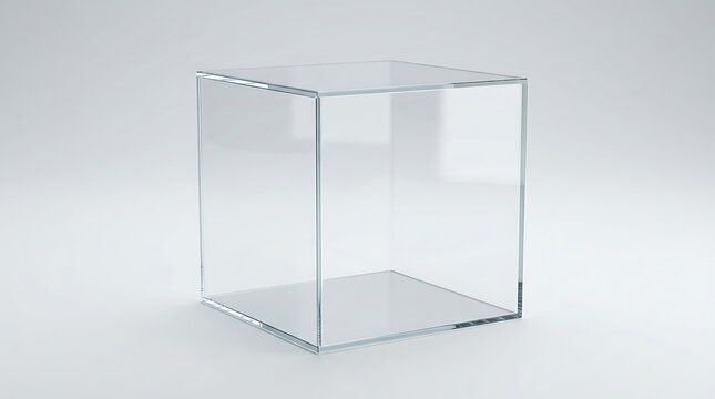 Empty glass cube display box and acrylic showcase on clean white background