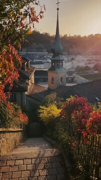 Salzburg historic town with iconic Imbergstiege stairs at sunset, Salzburg Land, Austria