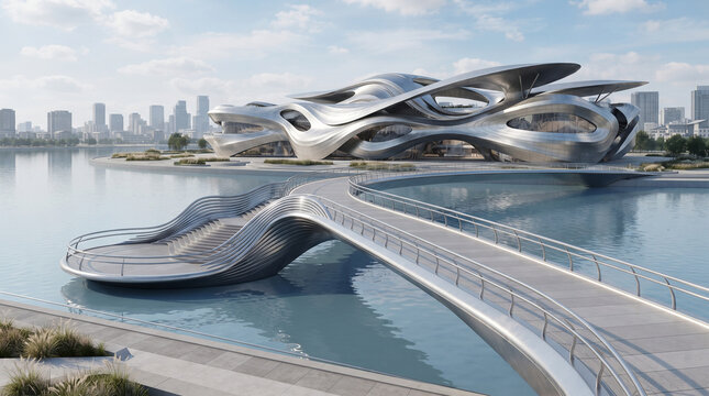 a digital stock concept or AI-generated design of a futuristic waterfront building and pedestrian bridge featuring fluid, parametric architecture reminiscent of the work 
