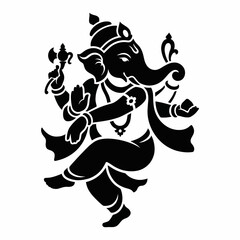 Fototapeta premium Black silhouette of the dancing Hindu deity Lord Ganesha on a white background.