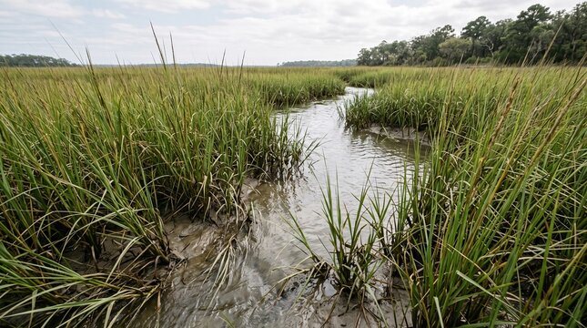 Native marsh grass growing beside shallow tidal water in a healthy coastal wetland, useful for biodiversity, ecosystem restoration, climate adaptation, and environmental conservation projects.