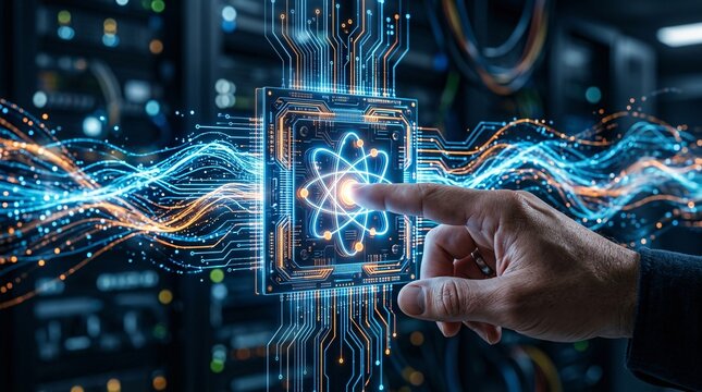 Human hand touching glowing atomic nucleus microchip on high tech server background for quantum computing and artificial intelligence concept