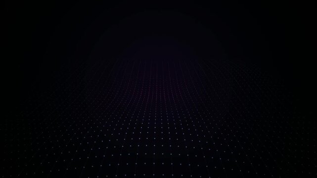 Abstract digital landscape with glowing purple dots forming a curved grid pattern on a dark background representing technology and data connection in a virtual space 4k Motion Video
