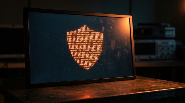 Monitor displaying orange shield icon made of binary code