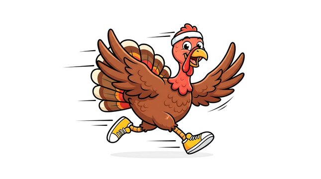 A whimsical illustration depicts a cheerful turkey in motion seemingly running with determination embodying the spirit of a lively thanksgiving celebration and