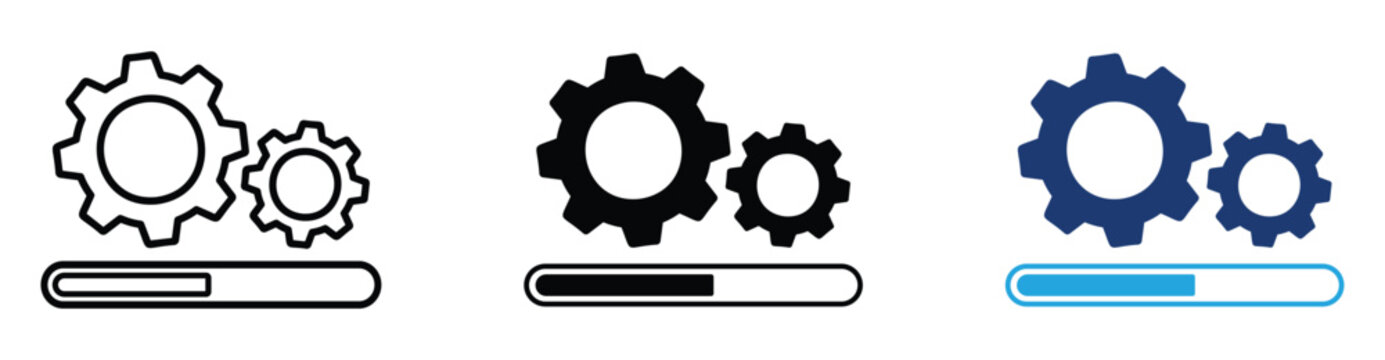 System update, configuration and data processing progress icon set featuring gears, cogwheels and loading bar in outline, solid black and blue styles. Vector illustration and transparent png