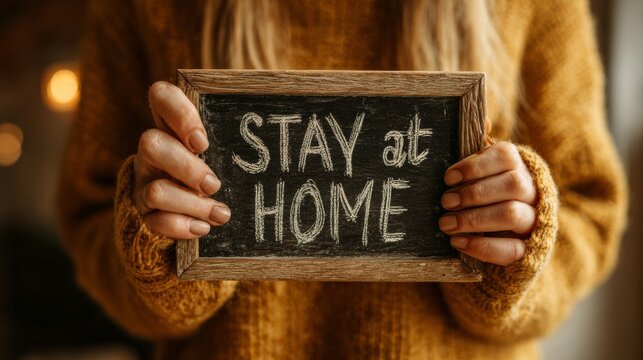 A person in a yellow sweater holds a chalkboard sign reading stay at home against a blurred background.