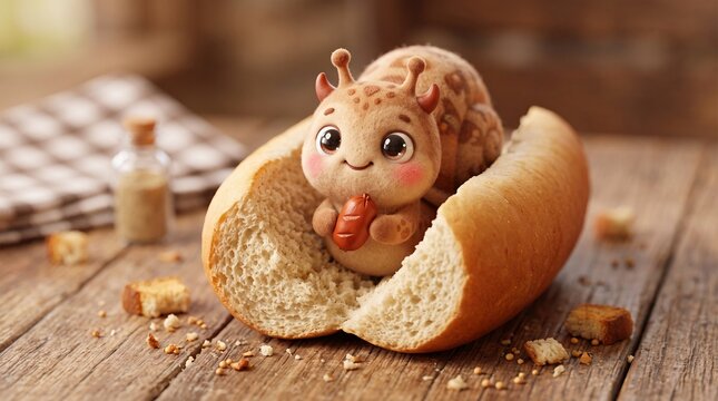 Cute Snail Sitting in Hot Dog Bun 3D Cartoon Illustration